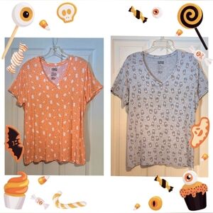 2 Halloween Season t-shirts, coral/orange ghosts & gray pumpkin latte "to go" XL
